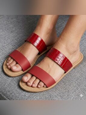 New Red Wine‎ Faux Croc Double Strap Slide Sandals Flat Open Toe Shoes Womens